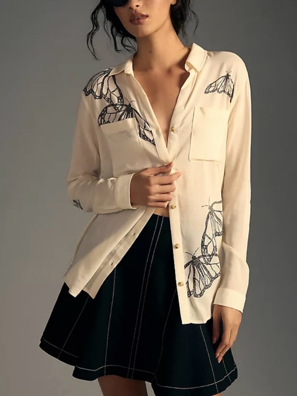 Pilcro Cream Button-Down Shirt with Black Butterfly Motif